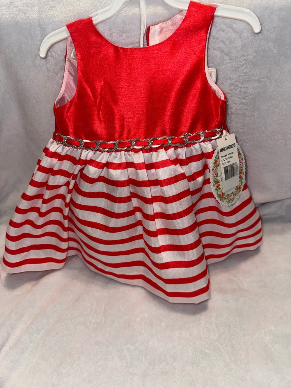 12 month American Princess dark orange/coral and White Striped Party Dress